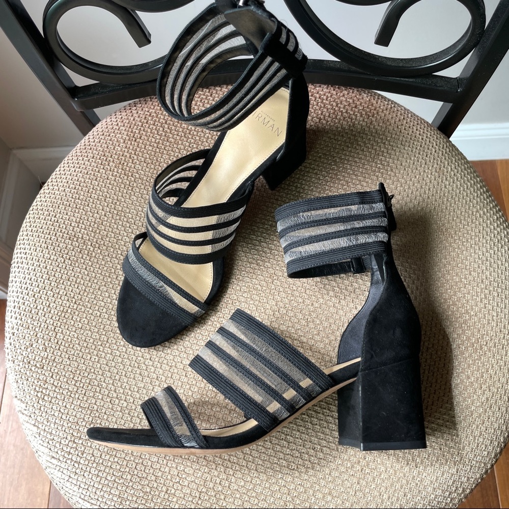 New Alexandre Birman Italian mesh suede strip open toe block heel sandals